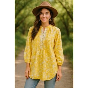 Liz Clairborne Womens Tunic Blouse XS Yellow Floral Roll button front Bohemian